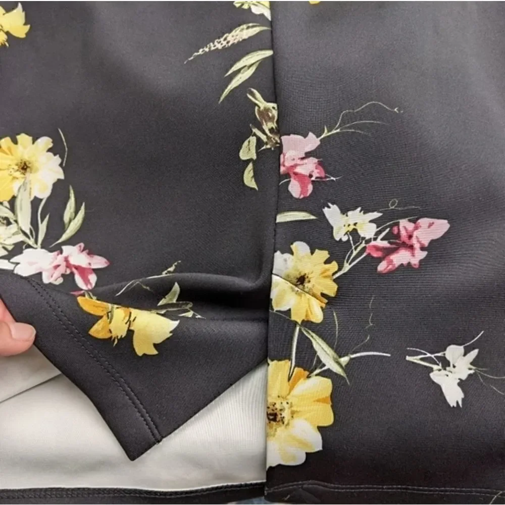 Carmen Marc Valvo floral black skirt yellow pink flowers green leaves spring med